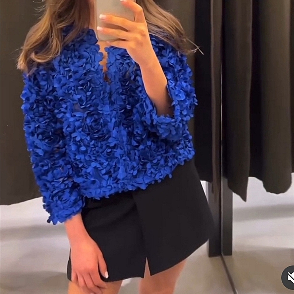 Zara Voluminous Floral Petal Jacket Blazer Cardigan Blue Size XS and S